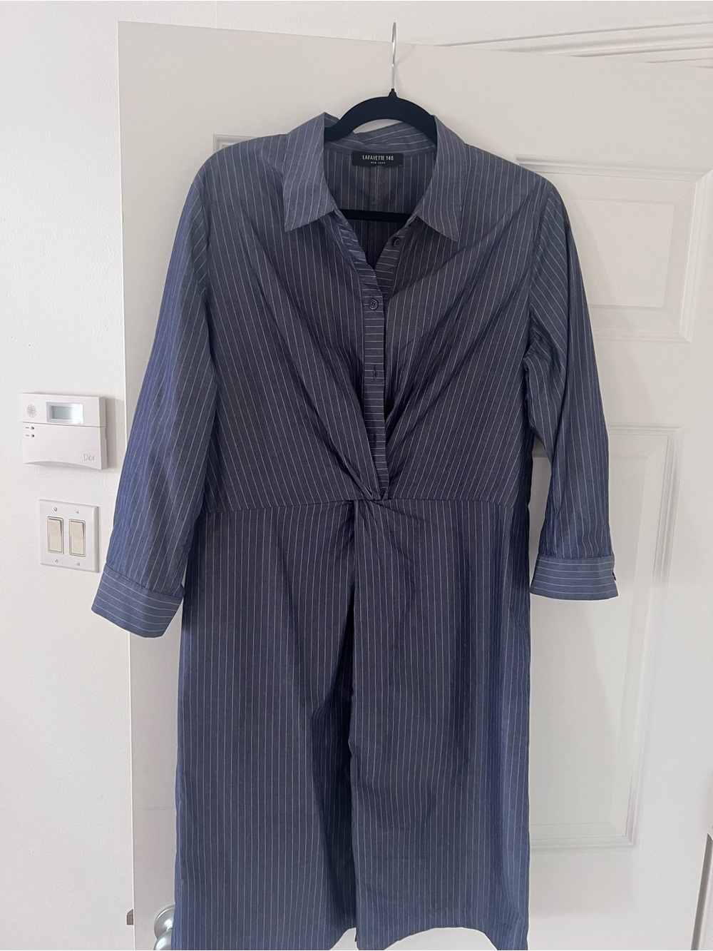 Lafayette 148 Classic Gray Pinstripe Twist-Front Shirt Dress - Picture 3 of 3